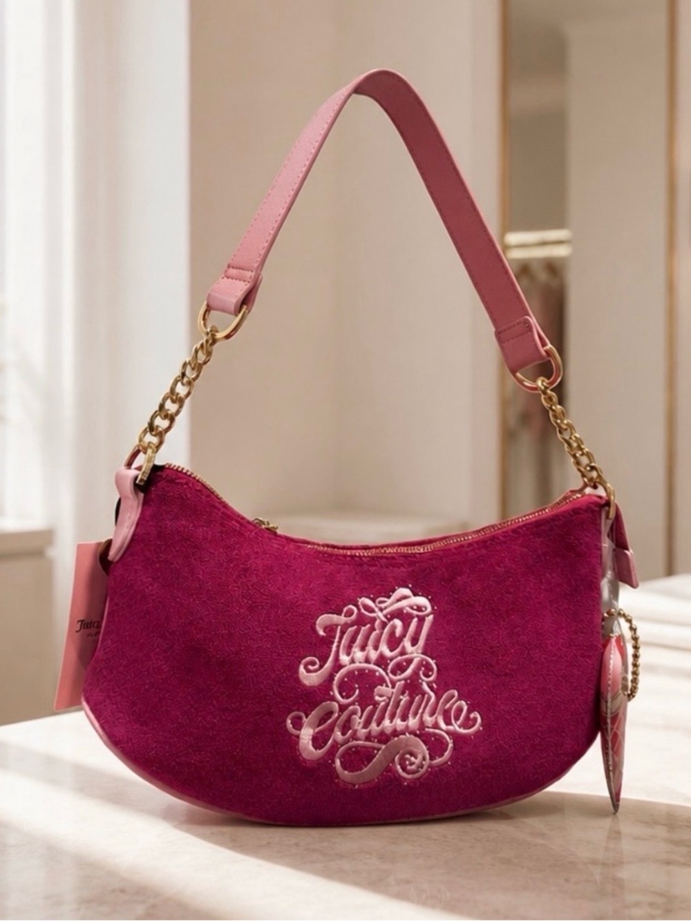 Juicy Couture Fuchsia Suede Shoulder Bag with Gold Chain NWT